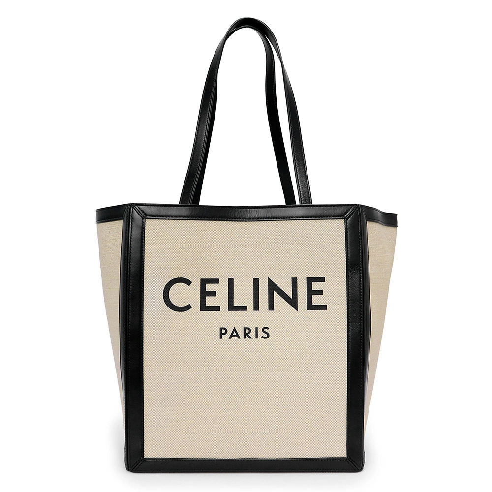 Celine Square Cabas Canvas Leather Vanilla Beige Cream Black Tote Handbag